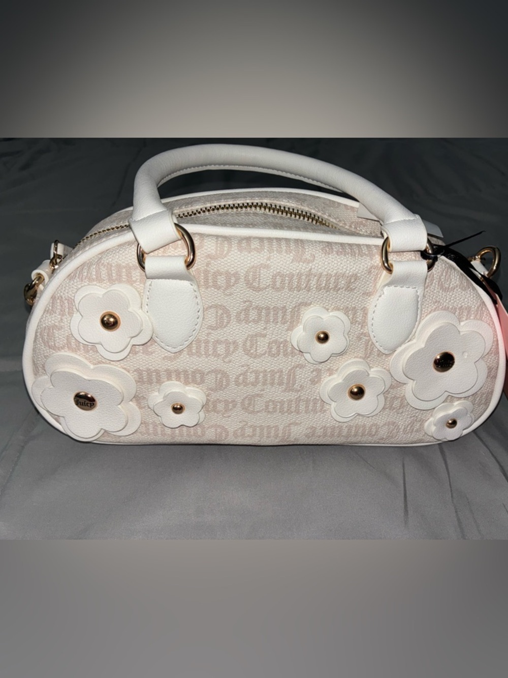 Juicy Couture White and Tan Floral Appliqué Satchel